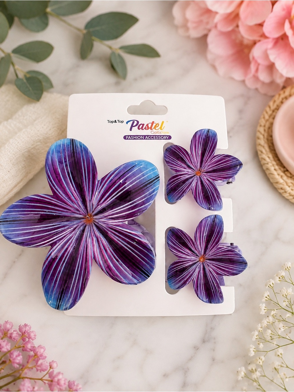 Pastels Purple and Blue Striped Floral Clip Set - 3 Piece
